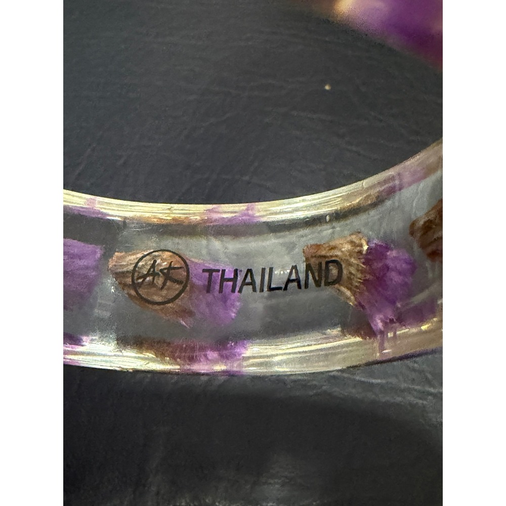 AF Thailand Resin Bangle Purple‎ Golden Brown Real Dried Flower Boho Acrylic 7.5